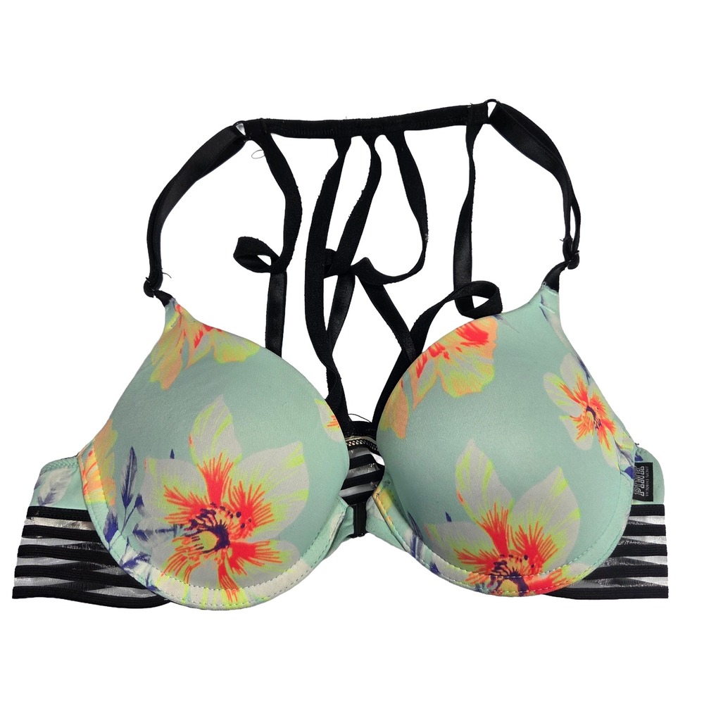 PINK Victorias Secret Bra 32B Wear‎ Everywhere Bra Floral Strappy Back Push Up